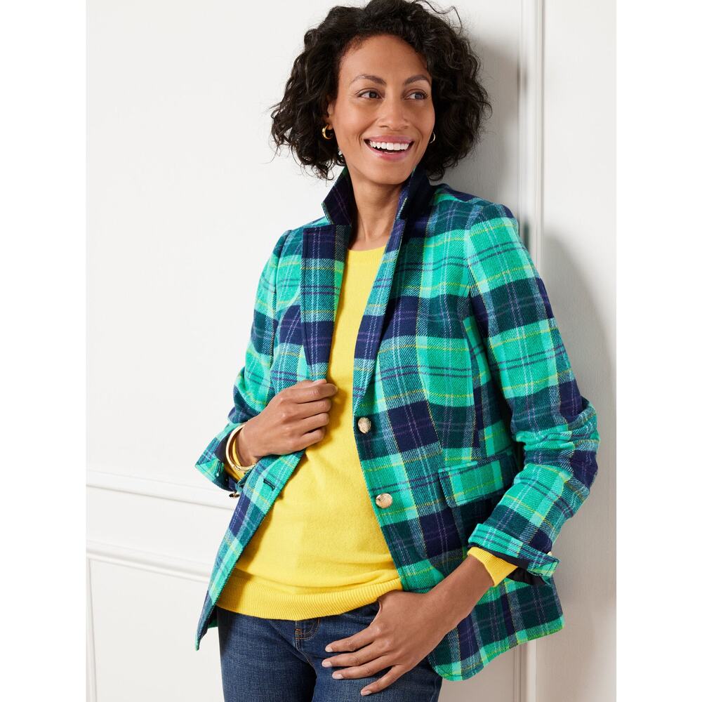 Talbots Classic Preppy Shetland Wool Blazer Aspen Plaid Tartan Turquoise Blue 8 - Picture 2 of 14